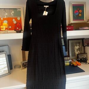 Classic Black Long-Sleeve Textured Midi Dress